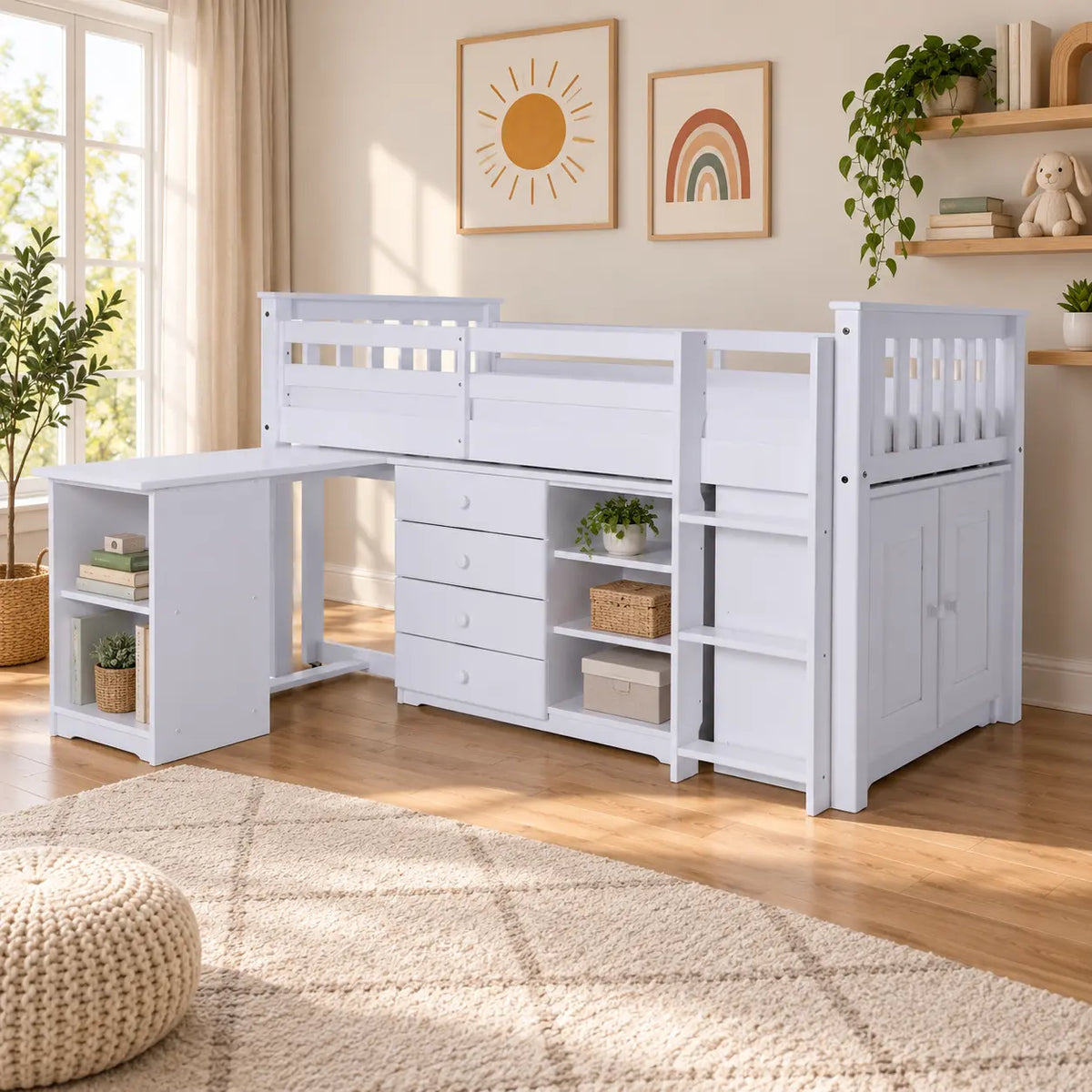 Single Bed with Desk, Chest, Bookcase and Cupboard White or Grey