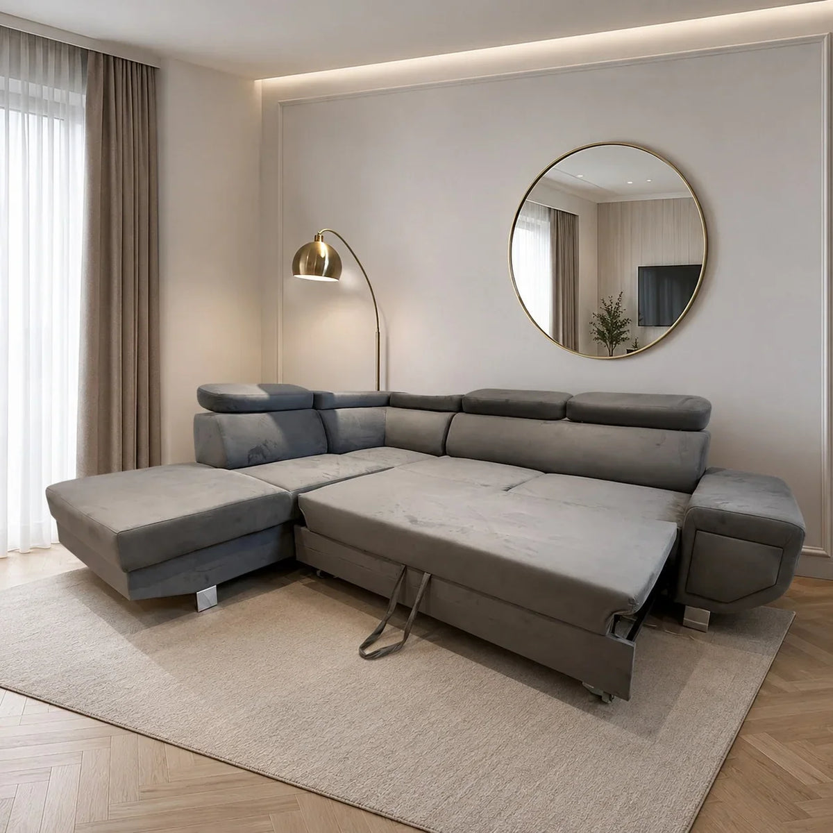 Grey corner sofa bed with storage in a living room