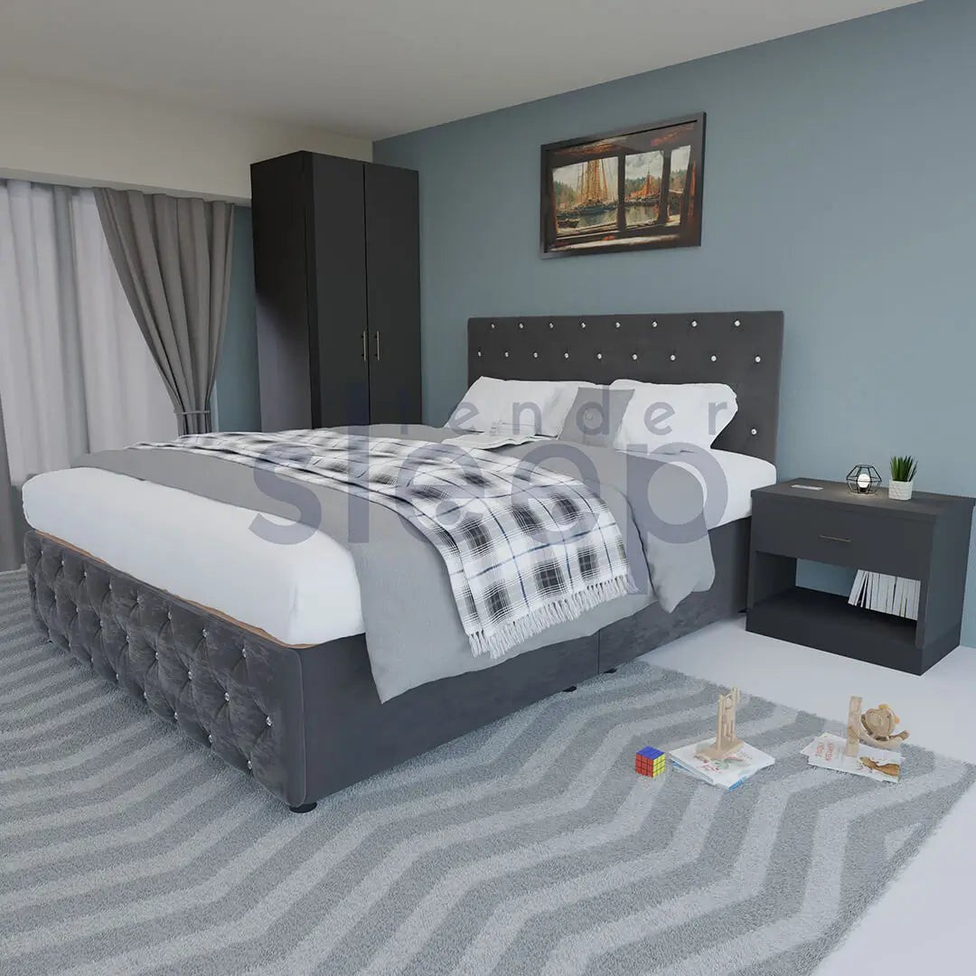 Grey Chesterfield velvet divan bed, available in king and super king