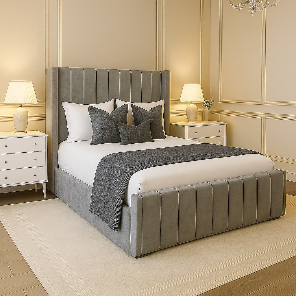 Grey plush velvet wingback bed