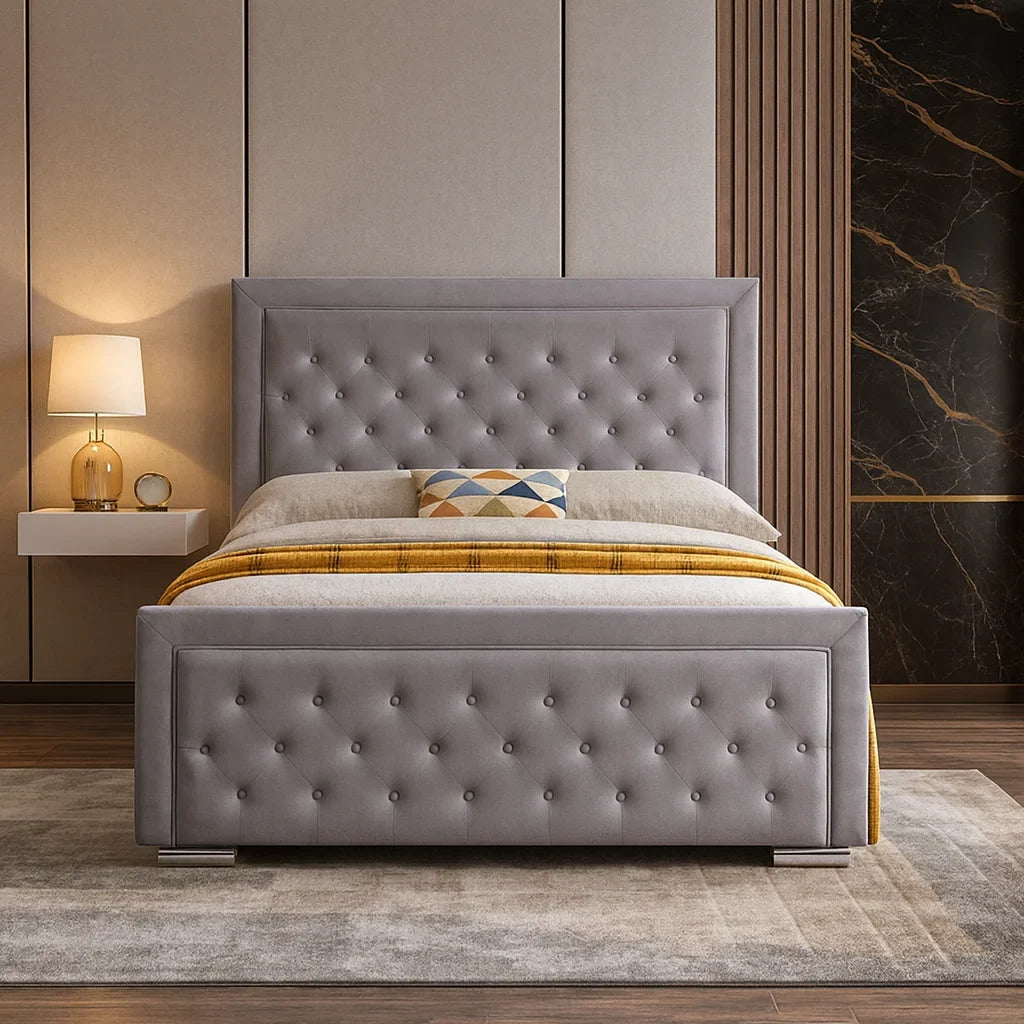 Grey plush velvet bed with buttoned headboard