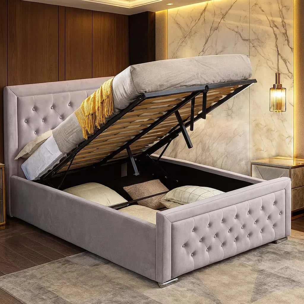 Ottoman storage bed open to show storage space