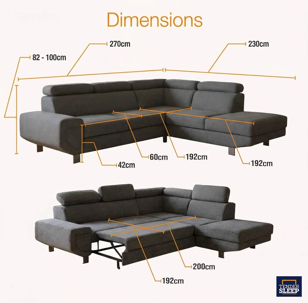Arctic Storage Corner Sofa Bed – dimensions