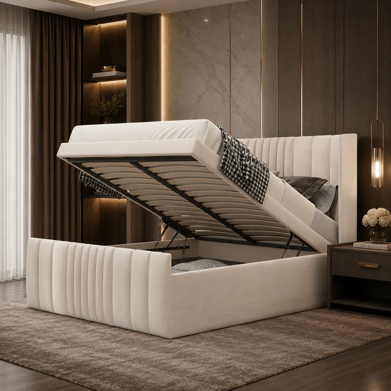Modern Panel Bed Frame with Ottoman Storage