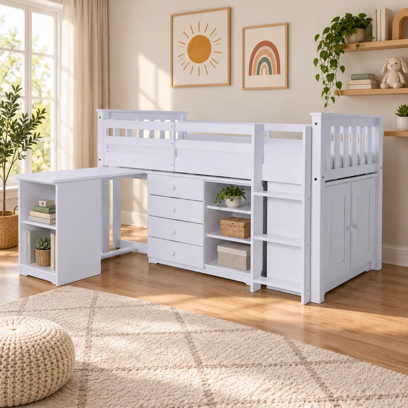 Single Bed with Desk, Chest, Bookcase and Cupboard White or Grey