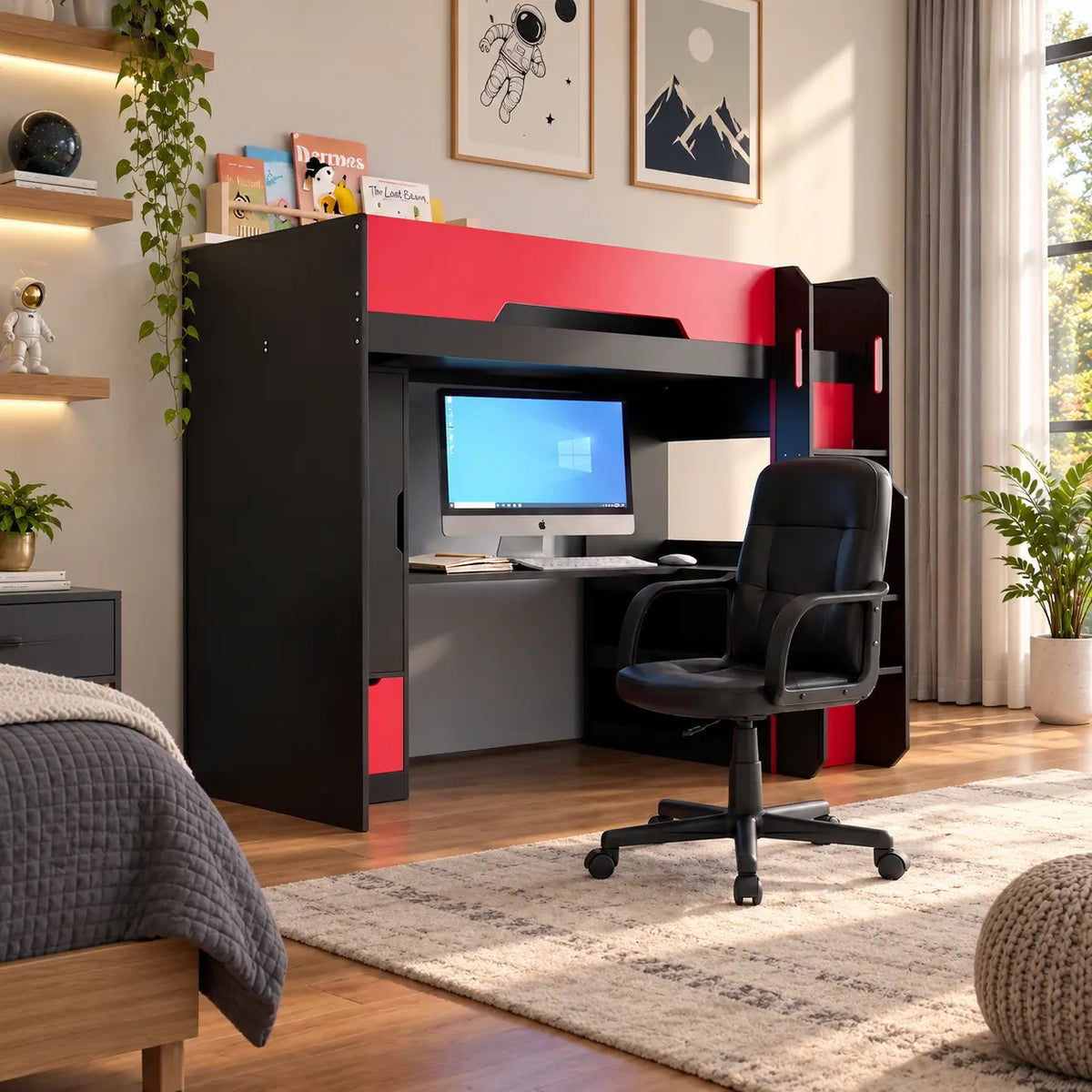 Gaming High Sleeper bed Black & Red with Optional Office Chair