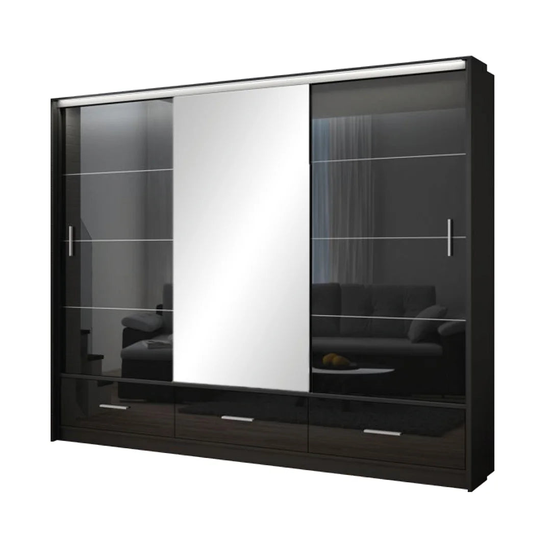 Black Gloss Wardrobe with 3 Mirror Sliding Doors – Marsylia 255cm