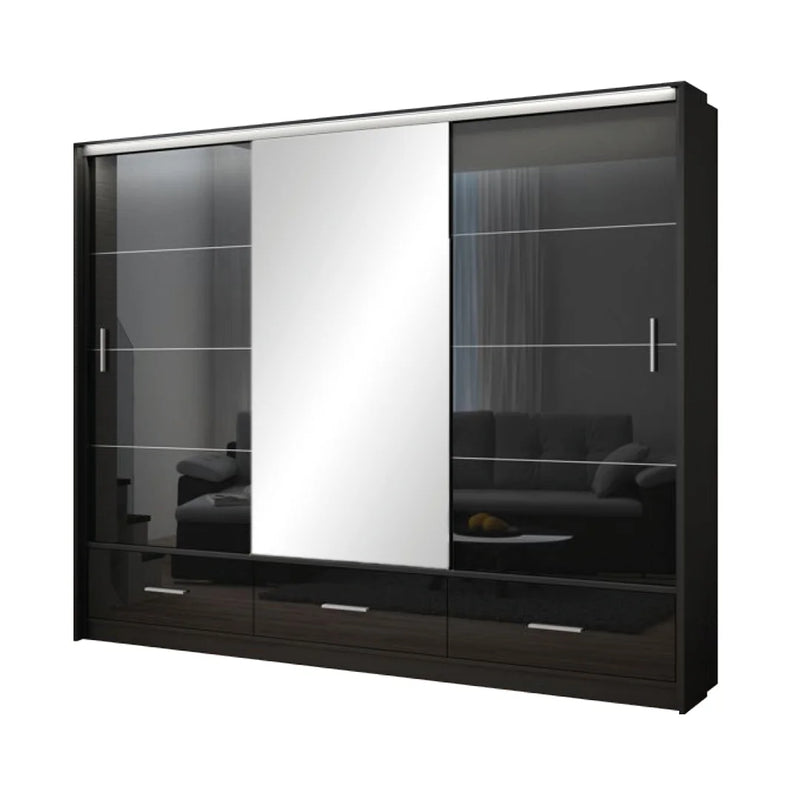 Black Gloss Wardrobe with 3 Mirror Sliding Doors – Marsylia 255cm