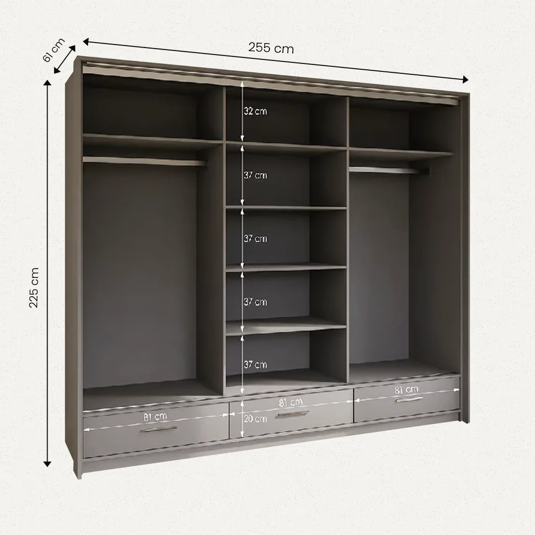 Grey Wardrobe 3 Door Mirror Sliding Marsylia 255cm – view 3
