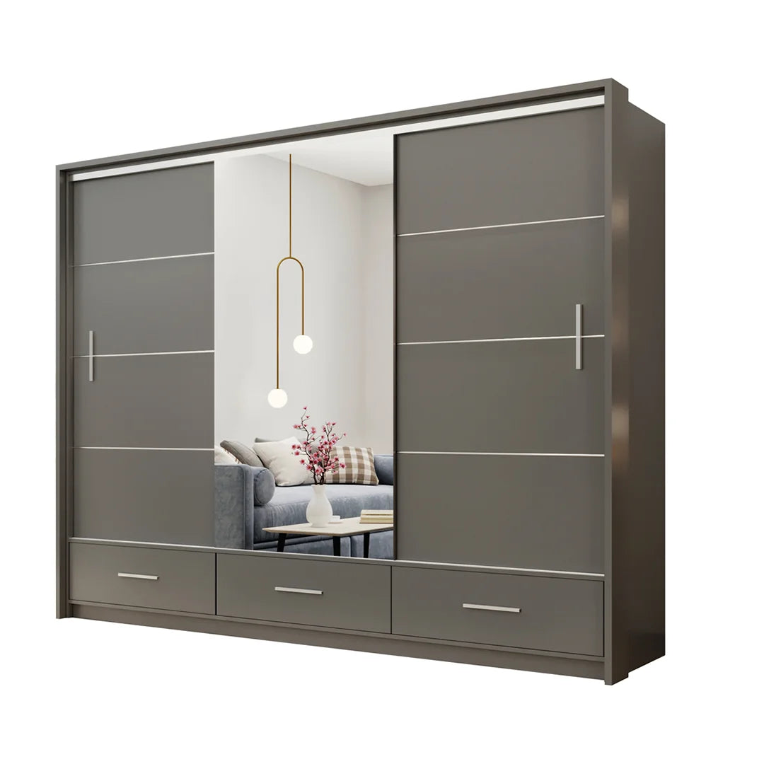 Grey Wardrobe 3 Door Mirror Sliding Marsylia 255cm
