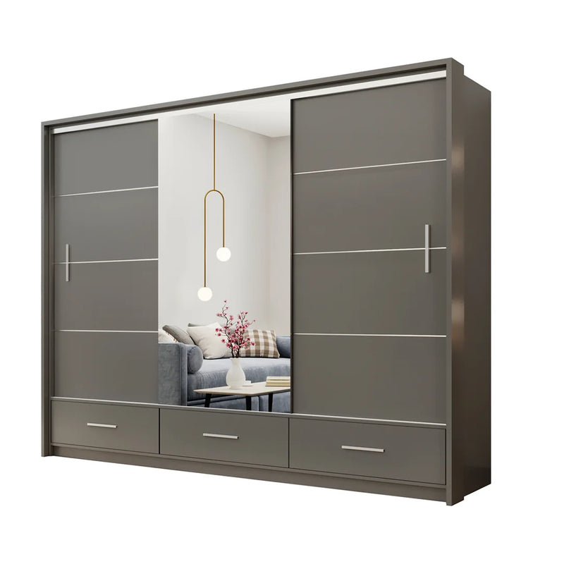 Grey Wardrobe 3 Door Mirror Sliding Marsylia 255cm