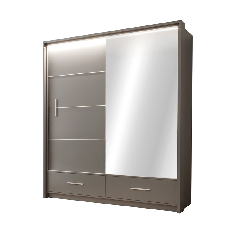 Marsylia Grey Wardrobe with 2 Sliding Mirror Doors and Drawers