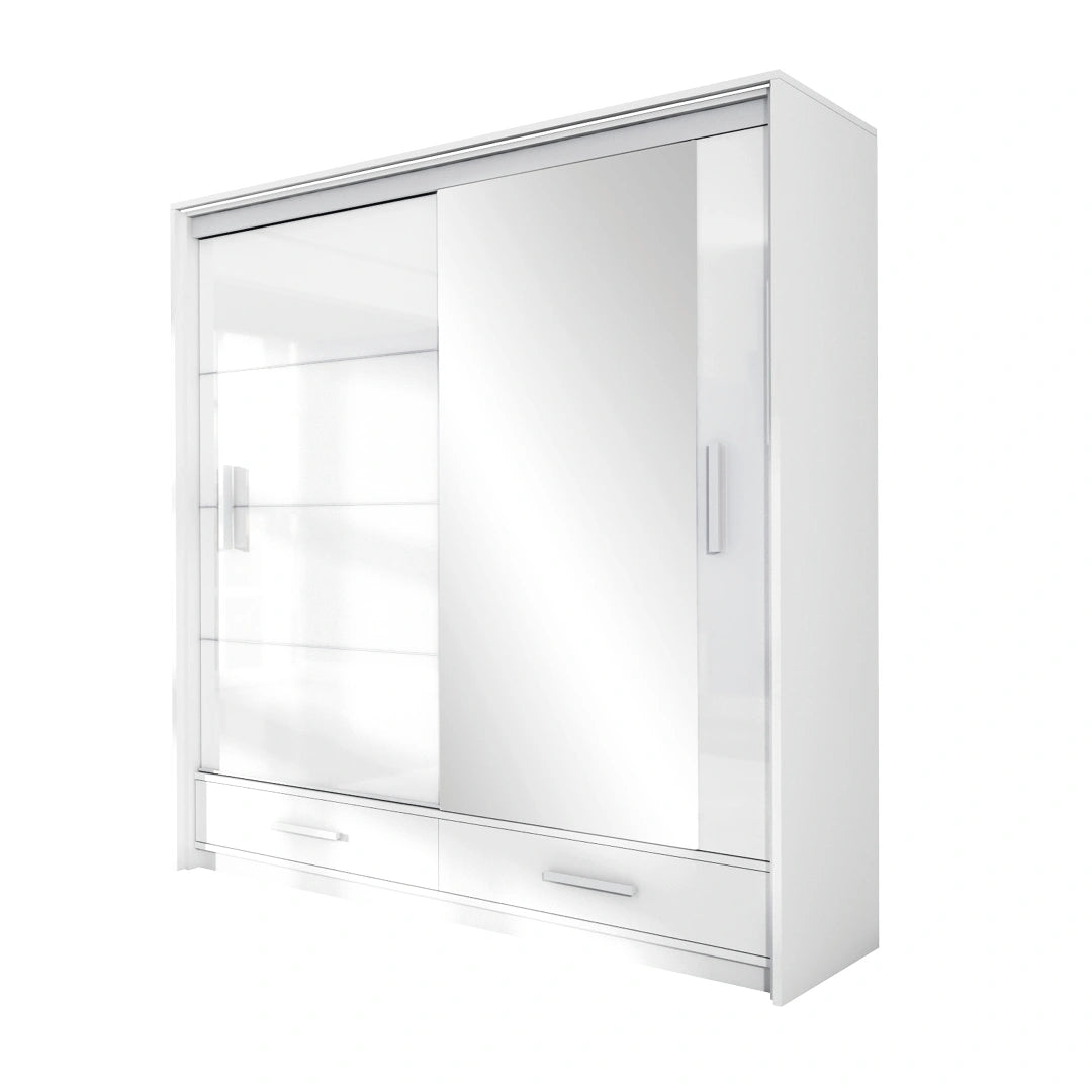 White Gloss Wardrobe with 2 Sliding Mirror Doors – Marsylia 208cm