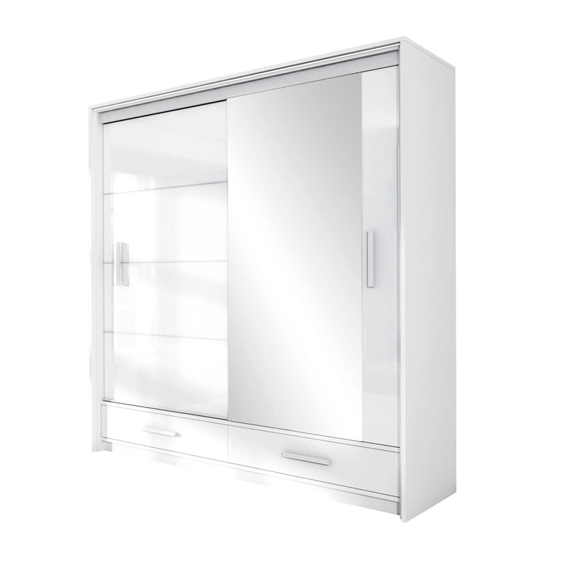 White Gloss Wardrobe with 2 Sliding Mirror Doors – Marsylia 208cm