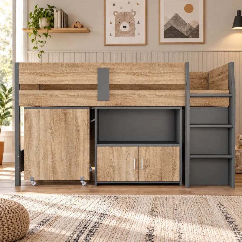 Midi Sleeper Bed in Grey and Medium Oak Wooden Mid Sleeper Bed