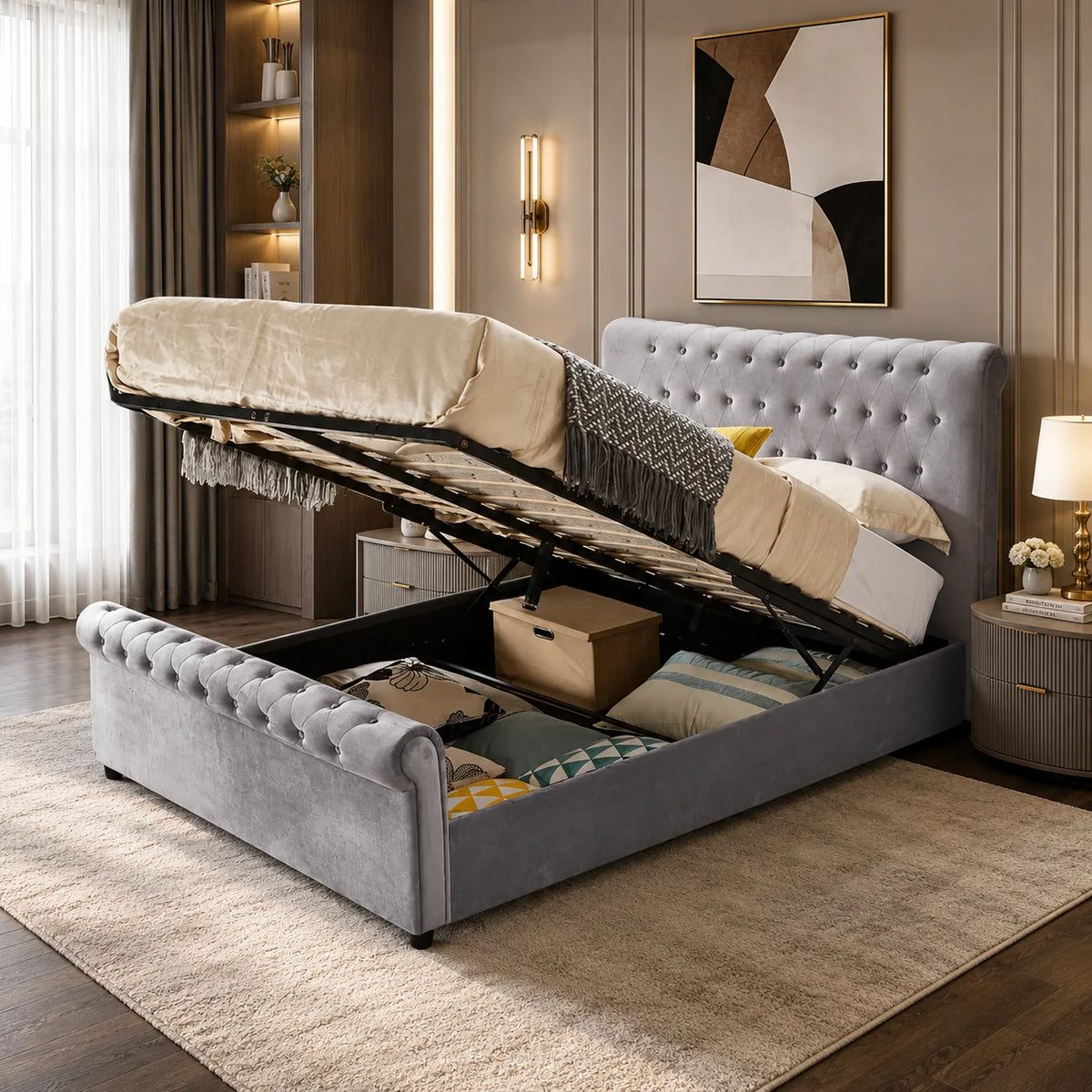 Plush Velvet Sleigh Ottoman Storage Bed
