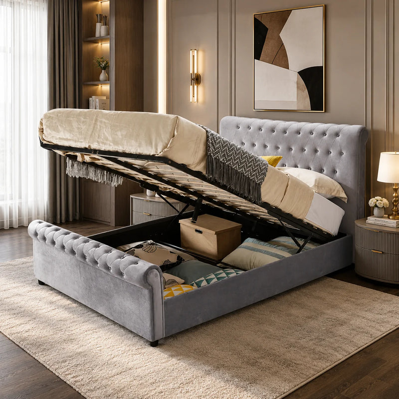 Plush Velvet Sleigh Ottoman Storage Bed