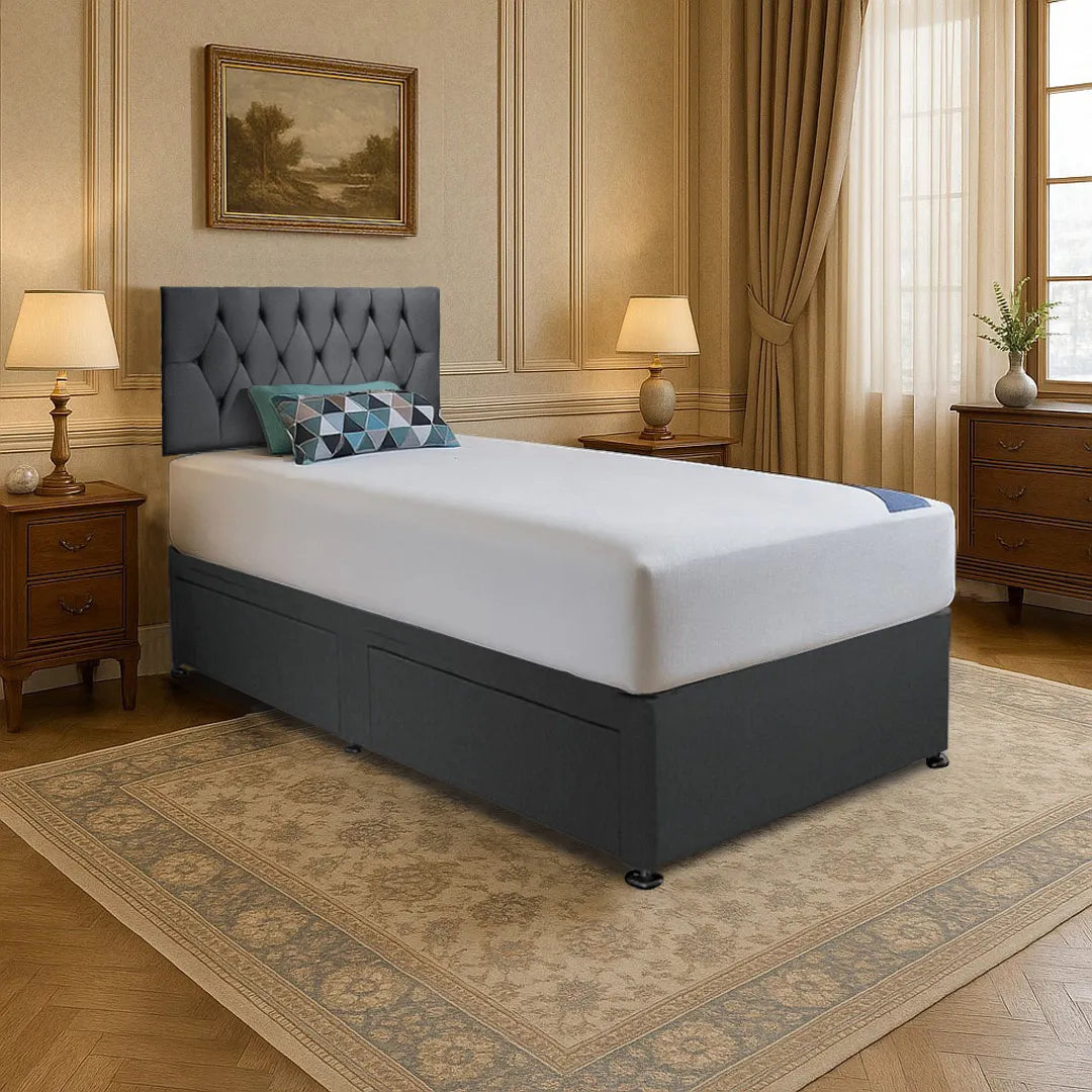 Divan bed – single, dotted square headboard