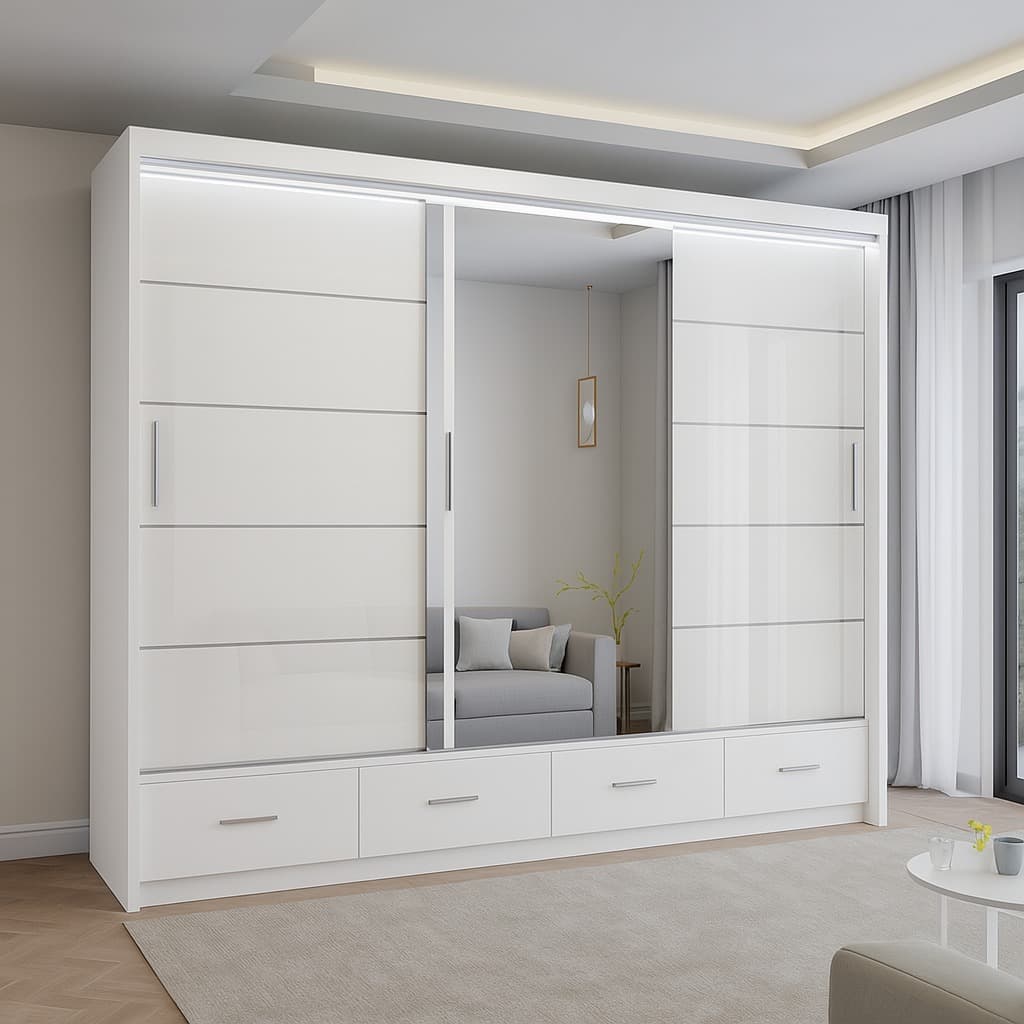 High Gloss Wardrobe White With Mirror Sliding Doors – Marsylia 255cm