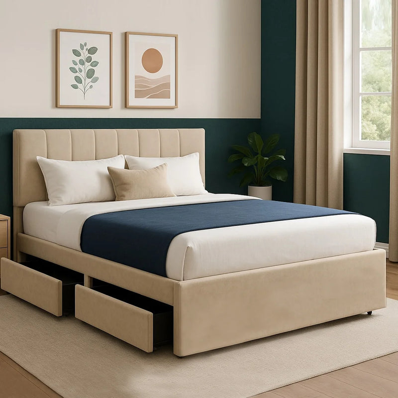 King Size Platform Slatted Bed Base with Optional Mattress, Headboard and Storage