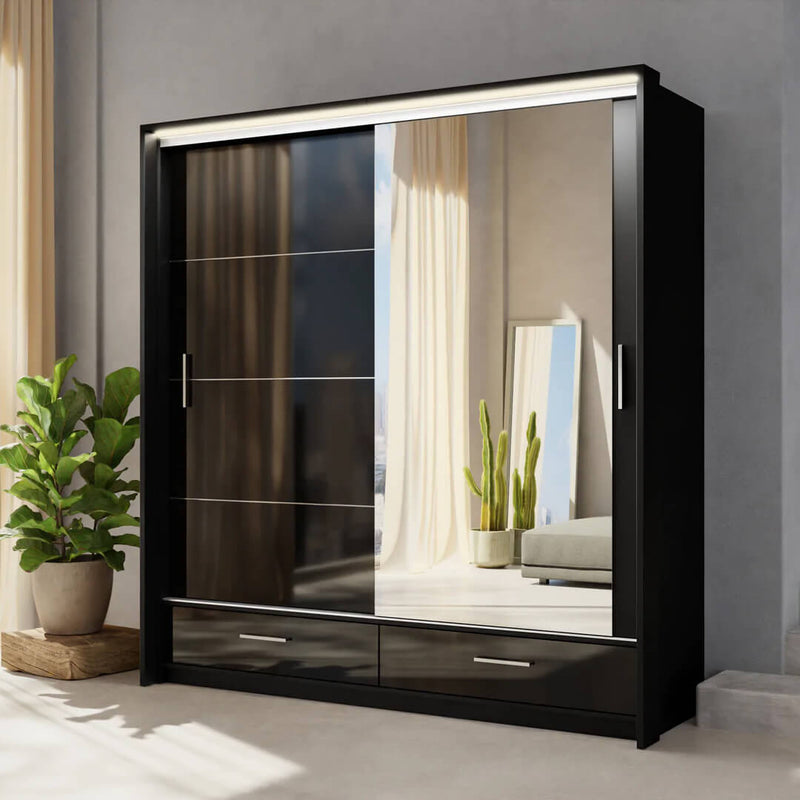 Marsylia 2 Door Sliding High Gloss Wardrobe – Black