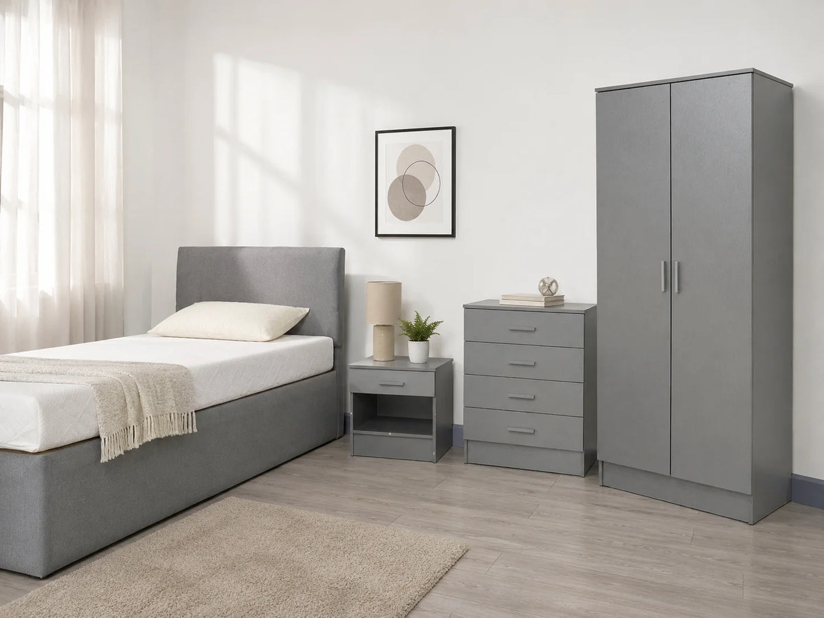 Grey Bedroom Set – Divan Bed, Bedside Table, Chest of Drawers & Wardrobe